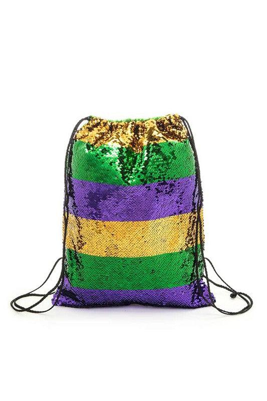 Sequin Mardi Gras Drawstring Backpack Bag - Leo’s Look Your Best