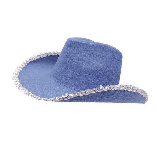 Silver Sequin Teim Denim Cowboy Hat - Leo’s Look Your Best