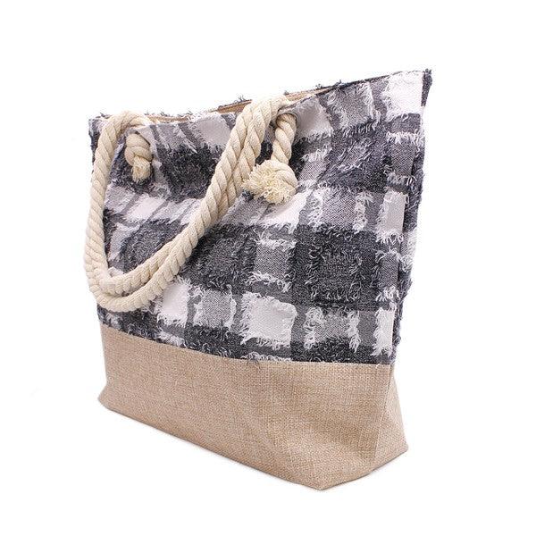 PLAID FRAYED TWEED BEACH TOTE BAG - Leo’s Look Your Best