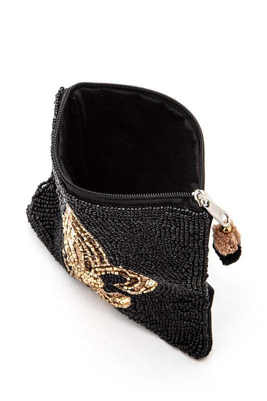 Black beaded pouch with gold butterfly design on a white background