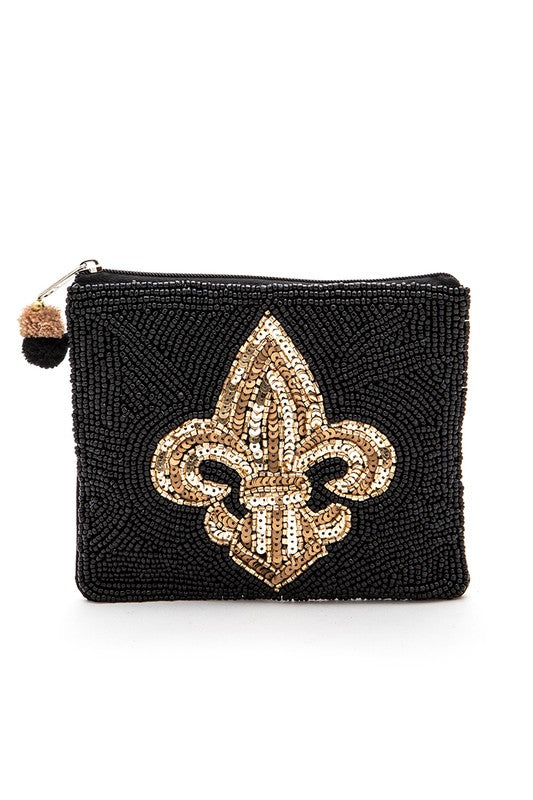 Black beaded pouch with a gold fleur-de-lis design on a white background