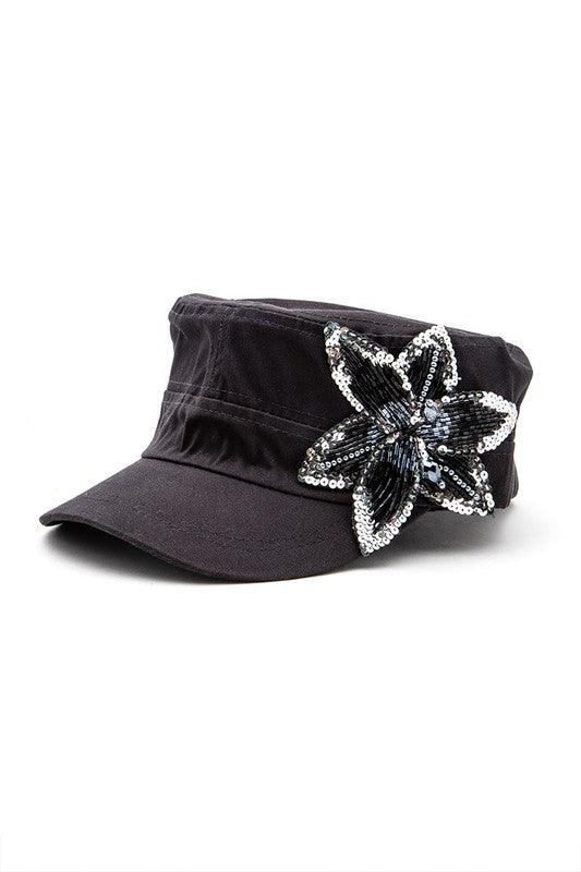 Beaded 3D Flower Statement Cadet Hat - Leo’s Look Your Best