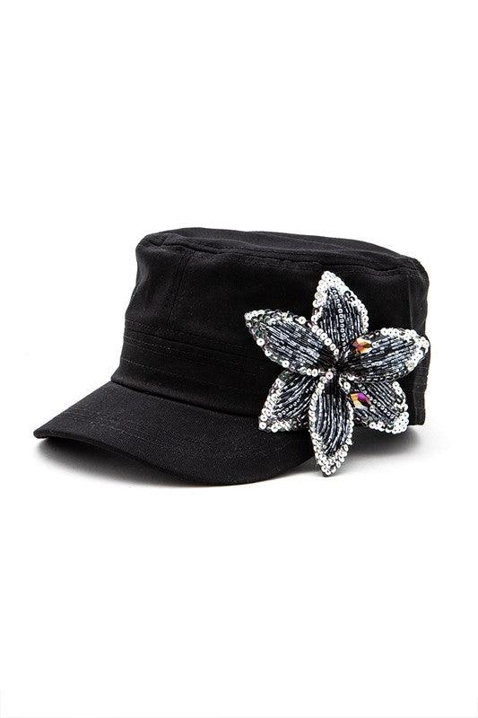 Beaded 3D Flower Statement Cadet Hat - Leo’s Look Your Best