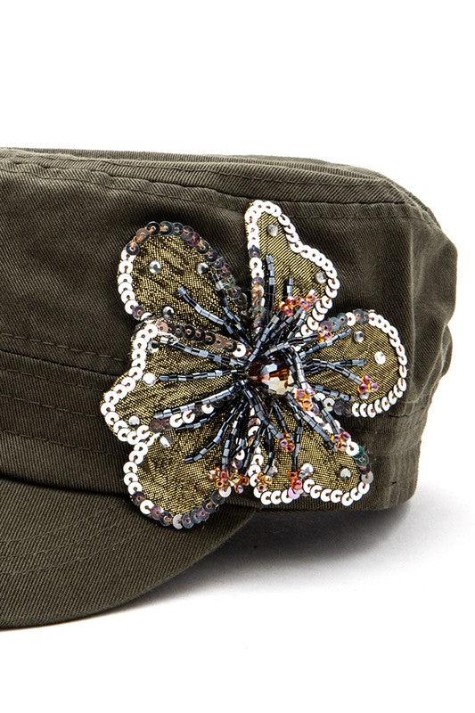 Sequins Beaded Cadet Hat 3D Flower - Leo’s Look Your Best