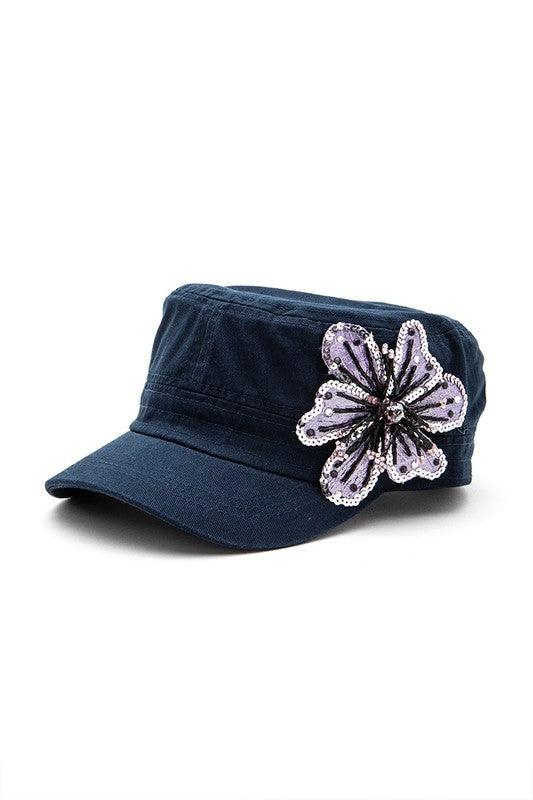 Sequins Beaded Cadet Hat 3D Flower - Leo’s Look Your Best
