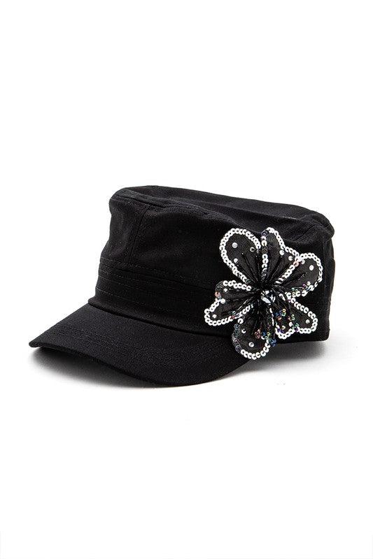 Sequins Beaded Cadet Hat 3D Flower - Leo’s Look Your Best