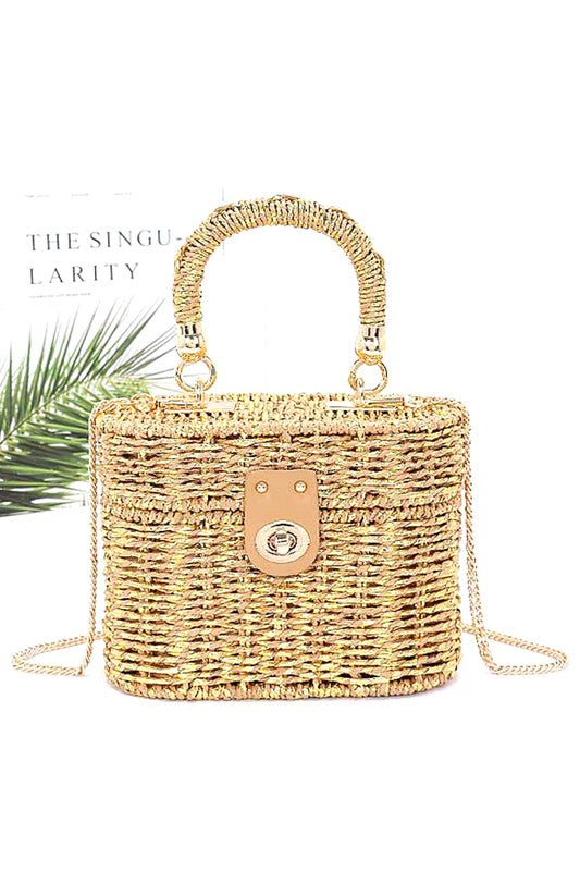 Faux Straw Metallic Top Handle Box Clutch Bag - Leo’s Look Your Best 