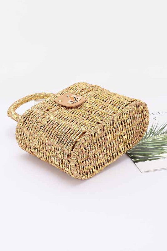 Faux Straw Metallic Top Handle Box Clutch Bag - Leo’s Look Your Best 