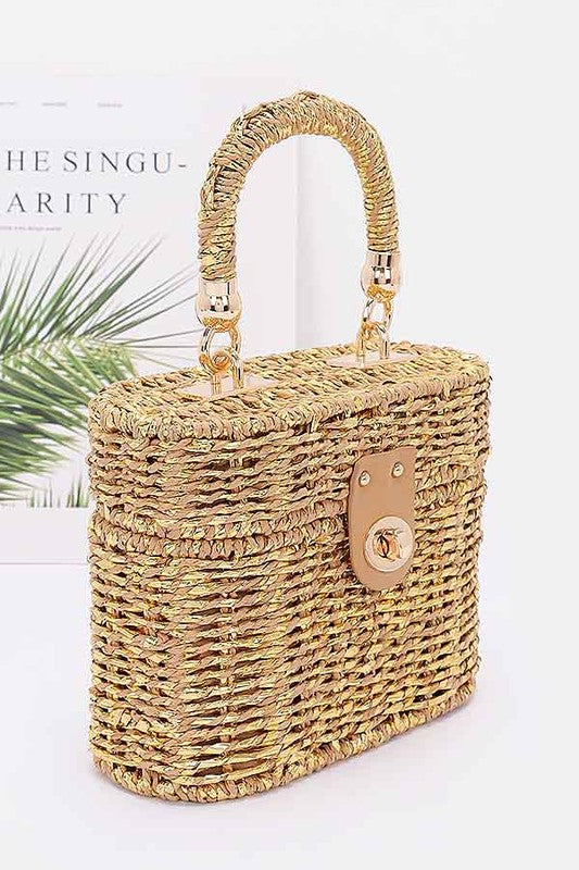 Faux Straw Metallic Top Handle Box Clutch Bag - Leo’s Look Your Best 