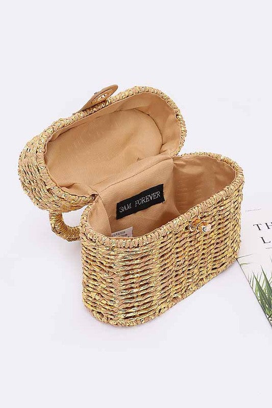 Faux Straw Metallic Top Handle Box Clutch Bag - Leo’s Look Your Best 