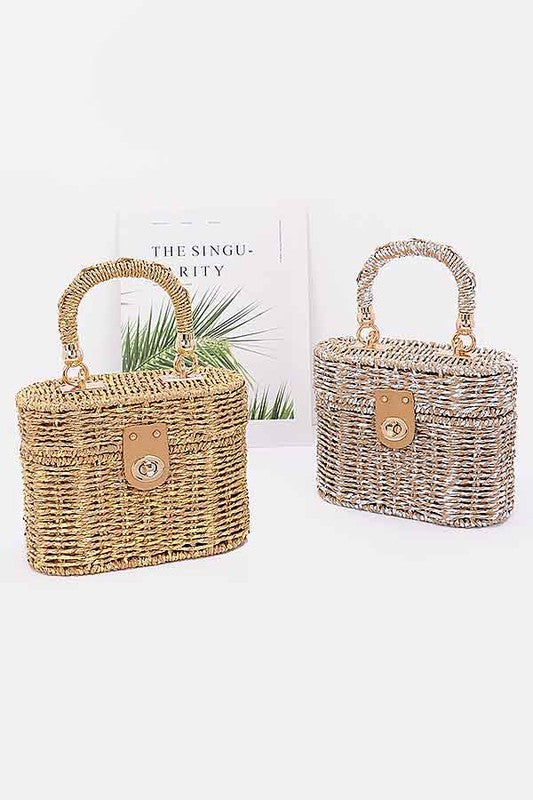 Faux Straw Metallic Top Handle Box Clutch Bag - Leo’s Look Your Best 
