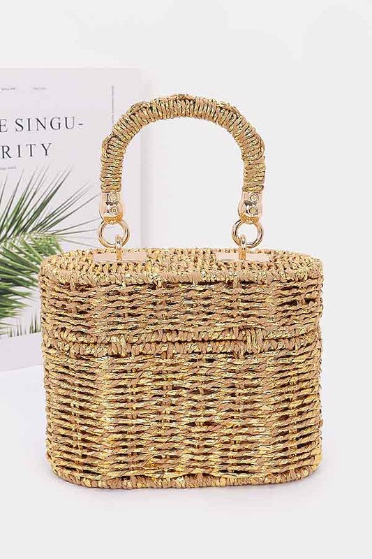 Faux Straw Metallic Top Handle Box Clutch Bag - Leo’s Look Your Best 