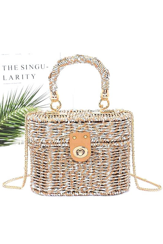 Faux Straw Metallic Top Handle Box Clutch Bag - Leo’s Look Your Best 