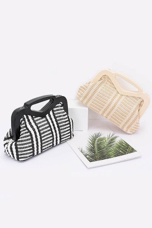 Wooden Frame Faux Straw Top Handle Clutch - Leo’s Look Your Best