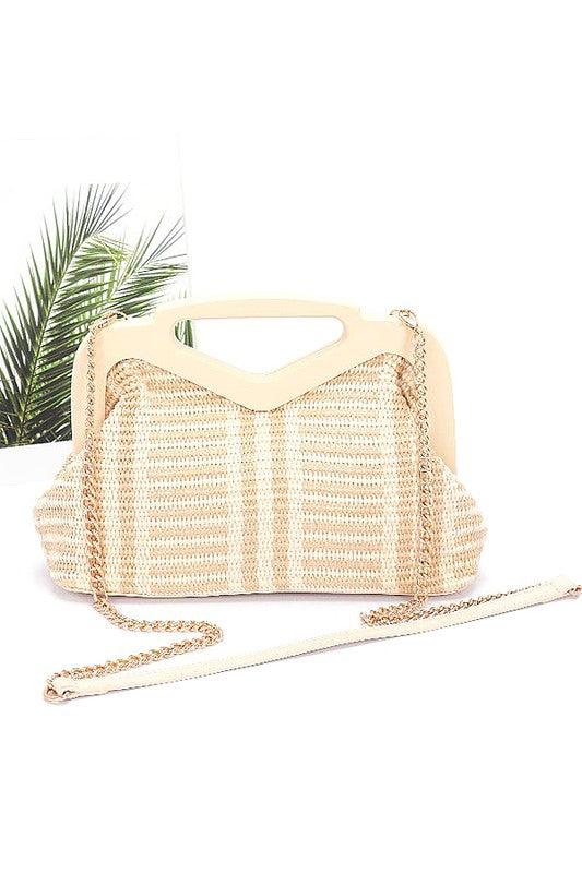 Wooden Frame Faux Straw Top Handle Clutch - Leo’s Look Your Best