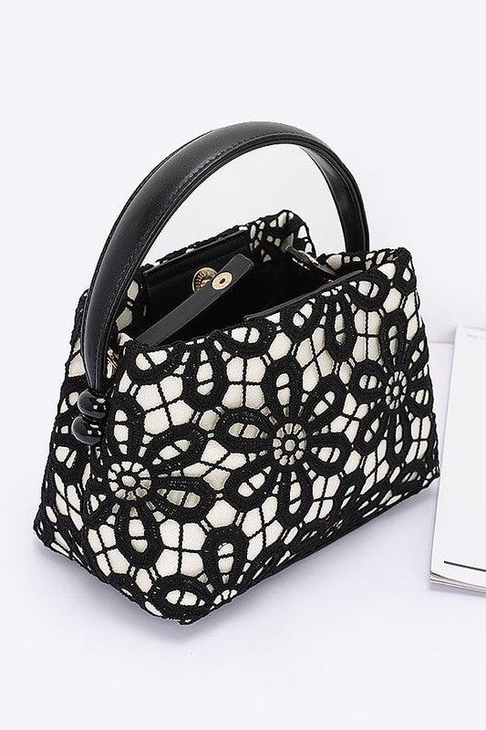 Lace Flower 2 Tone Top Handle Convertible Clutch - Leo’s Look Your Best