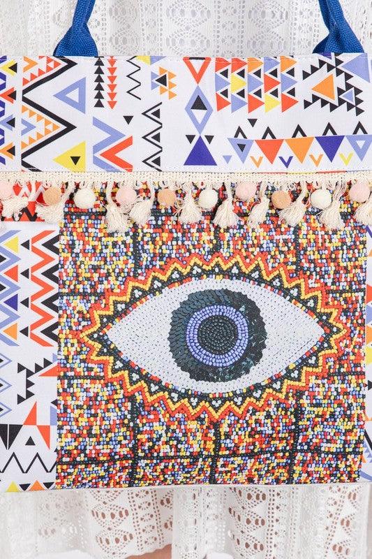 Evil Eye Boho Printed Pom Pom Oversize Tote - Leo’s Look Your Best