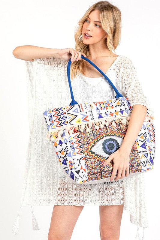 Evil Eye Boho Printed Pom Pom Oversize Tote - Leo’s Look Your Best