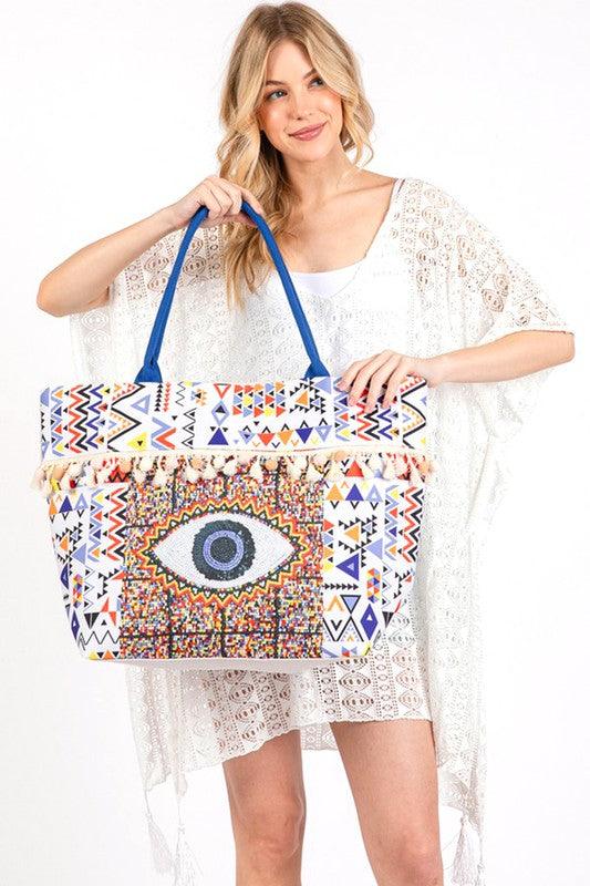 Evil Eye Boho Printed Pom Pom Oversize Tote - Leo’s Look Your Best