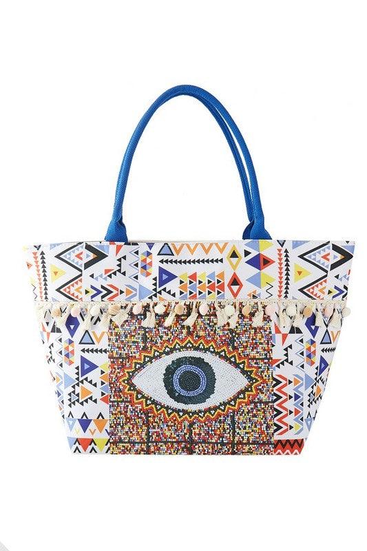 Evil Eye Boho Printed Pom Pom Oversize Tote - Leo’s Look Your Best