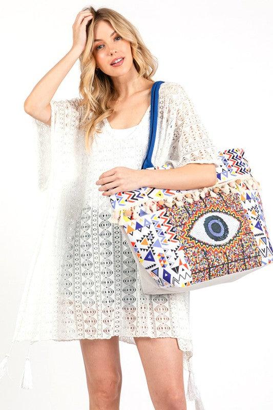Evil Eye Boho Printed Pom Pom Oversize Tote - Leo’s Look Your Best