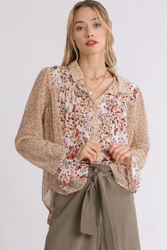 Umgee Full Size Mixed Print Metallic Detail Long Ruffle Sleeve Button Down Shirt Plus Size - Leo’s Look Your Best