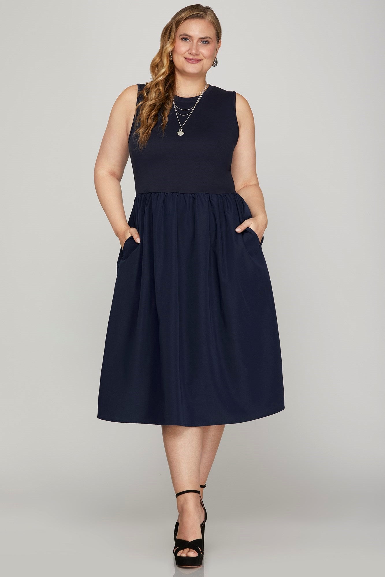 She + Sky Full Size Sleeveless Poplin Woven Midi Dress with Pockets Plus Size - Leo’s Look Your Best 