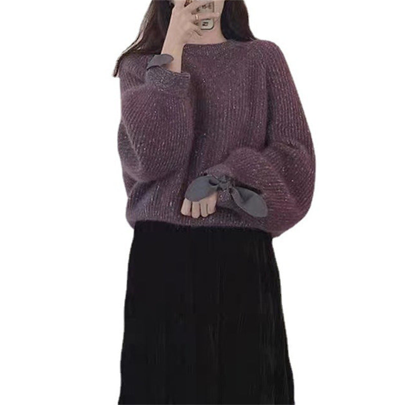 Lazy Fashion Bow Lantern Sleeve Mink-like Knitwear