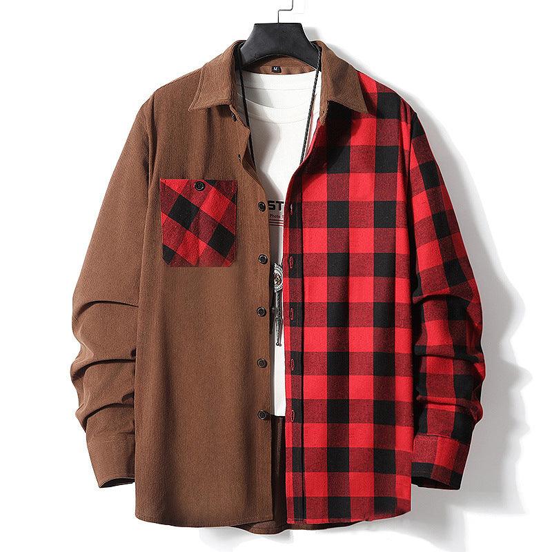 Fashion Casual Color-matching Plaid Shirt Autumn And Winter Corduroy Long-sleeved Lapel Shirt Loose Top Men's Clothing - Leo’s Look Your Best 