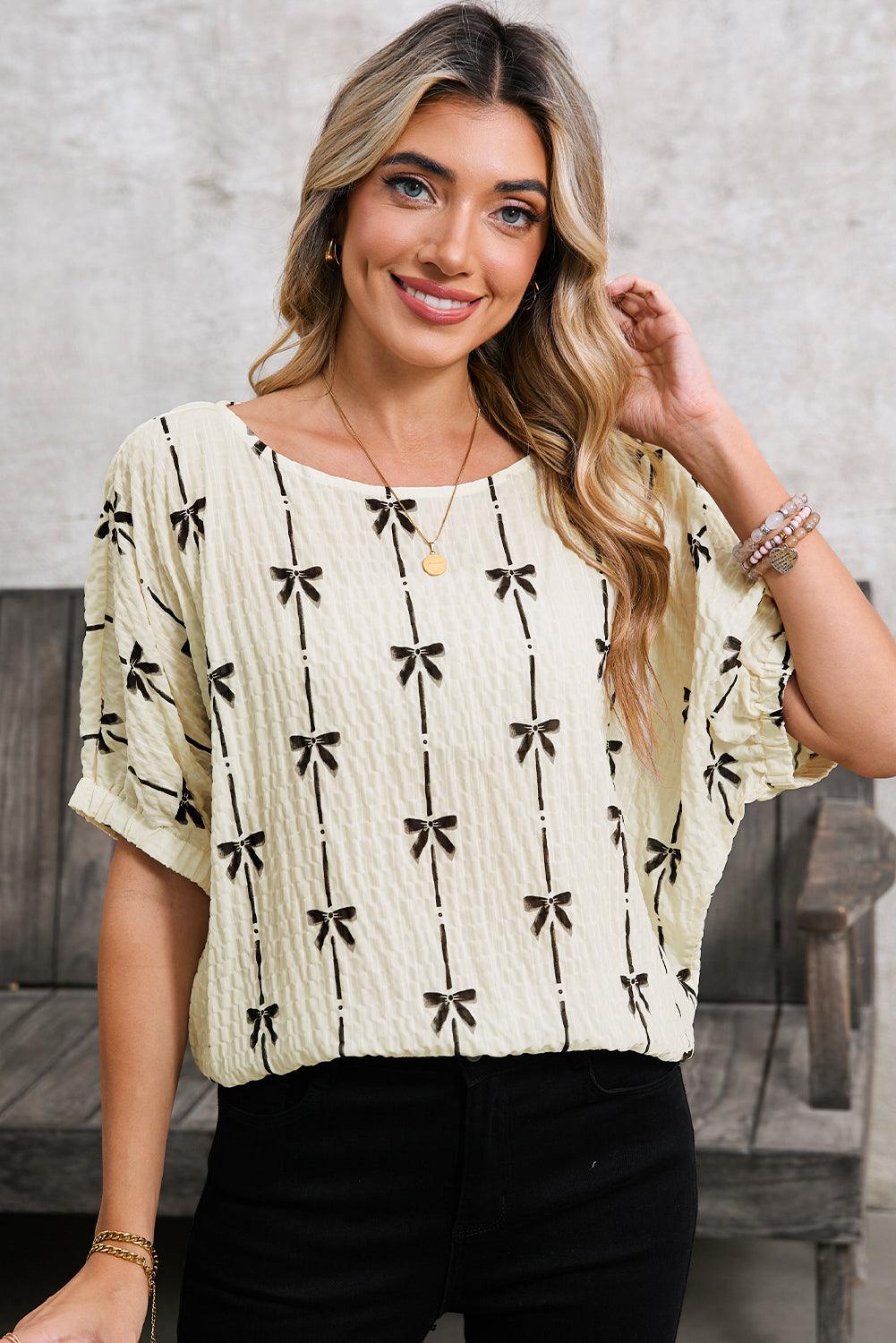 Beige Bow Print Striped Puff Short Sleeve Blouse - Leo’s Look Your Best 