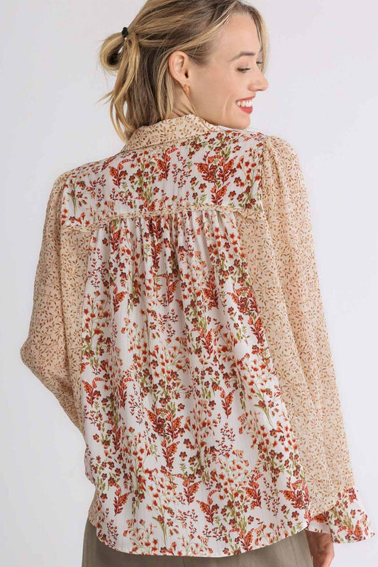 Umgee Full Size Mixed Print Metallic Detail Long Ruffle Sleeve Button Down Shirt Plus Size - Leo’s Look Your Best
