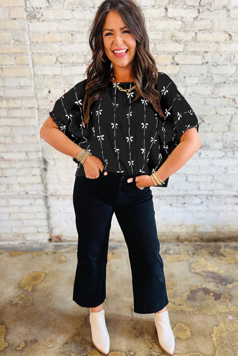 Beige Bow Print Striped Puff Short Sleeve Blouse - Leo’s Look Your Best 