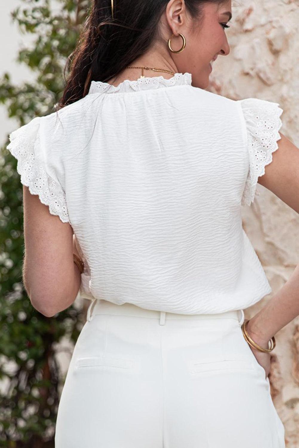 White Embroidered Ruffle Trim Crinkle Blouse - Leo’s Look Your Best 