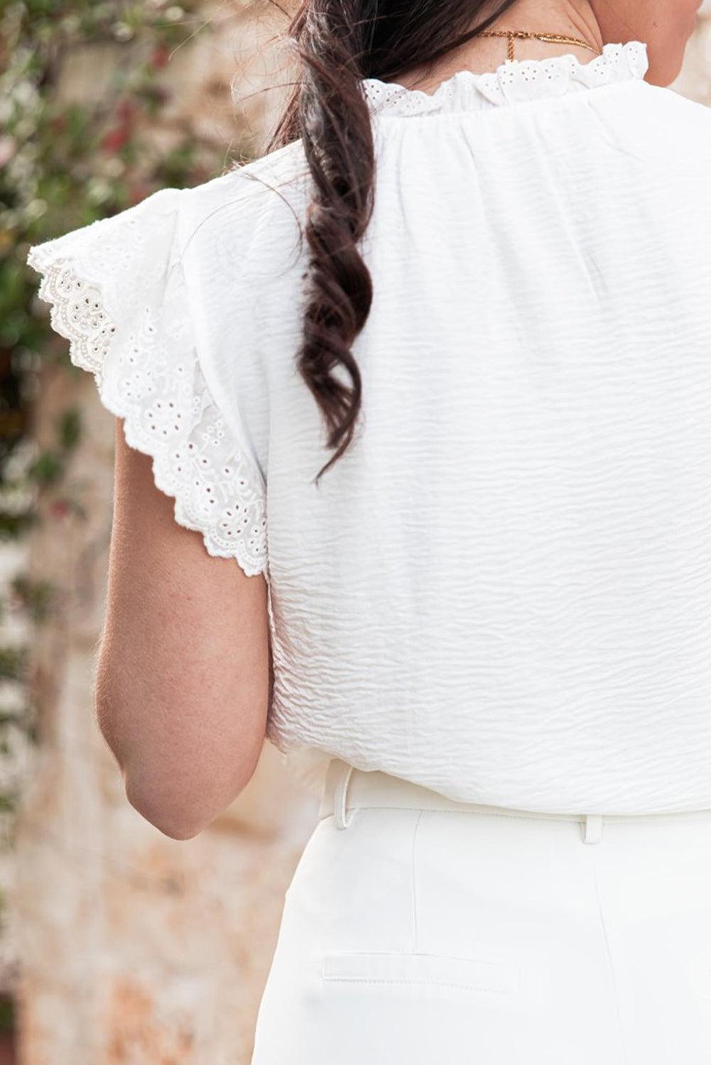 White Embroidered Ruffle Trim Crinkle Blouse - Leo’s Look Your Best 