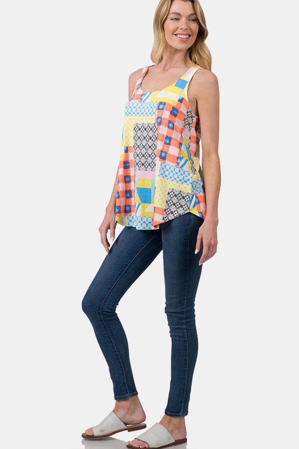 Zenana Printed Round Neck Curved Hem Tank - Leo’s Look Your Best
