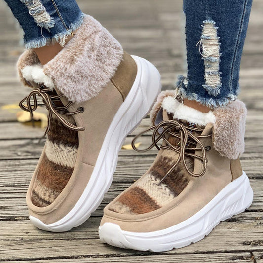 Lace-up Snow Boots Women's Fuzzy Mied-color Soft Sole Platform Thermal Lined Shoes Winter Non-slip Plush Boots - Leo’s Look Your Best 