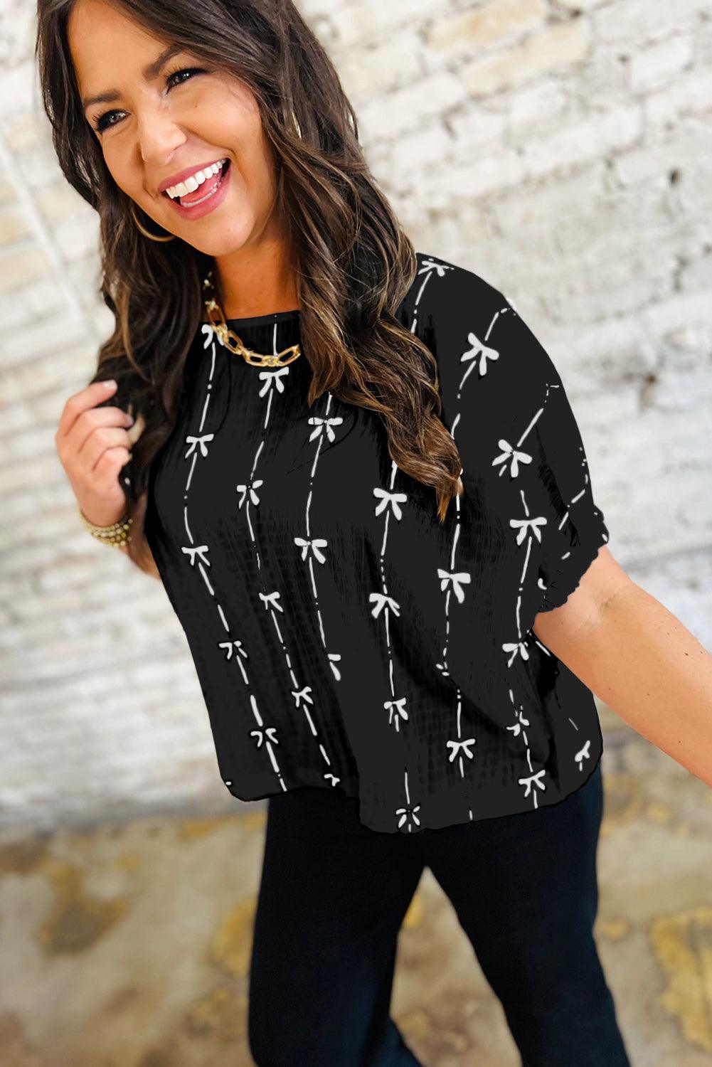 Beige Bow Print Striped Puff Short Sleeve Blouse - Leo’s Look Your Best 