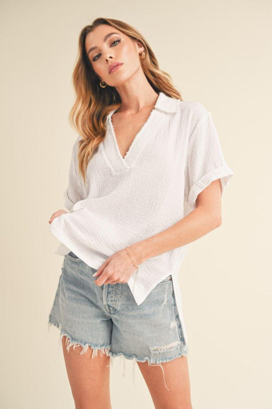 Aemi + Co Side Slit Johnny Collar Short Sleeve Cotton Gauze Blouse - Leo’s Look Your Best