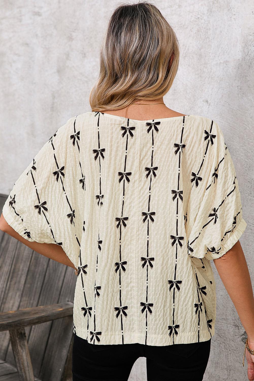 Beige Bow Print Striped Puff Short Sleeve Blouse - Leo’s Look Your Best 