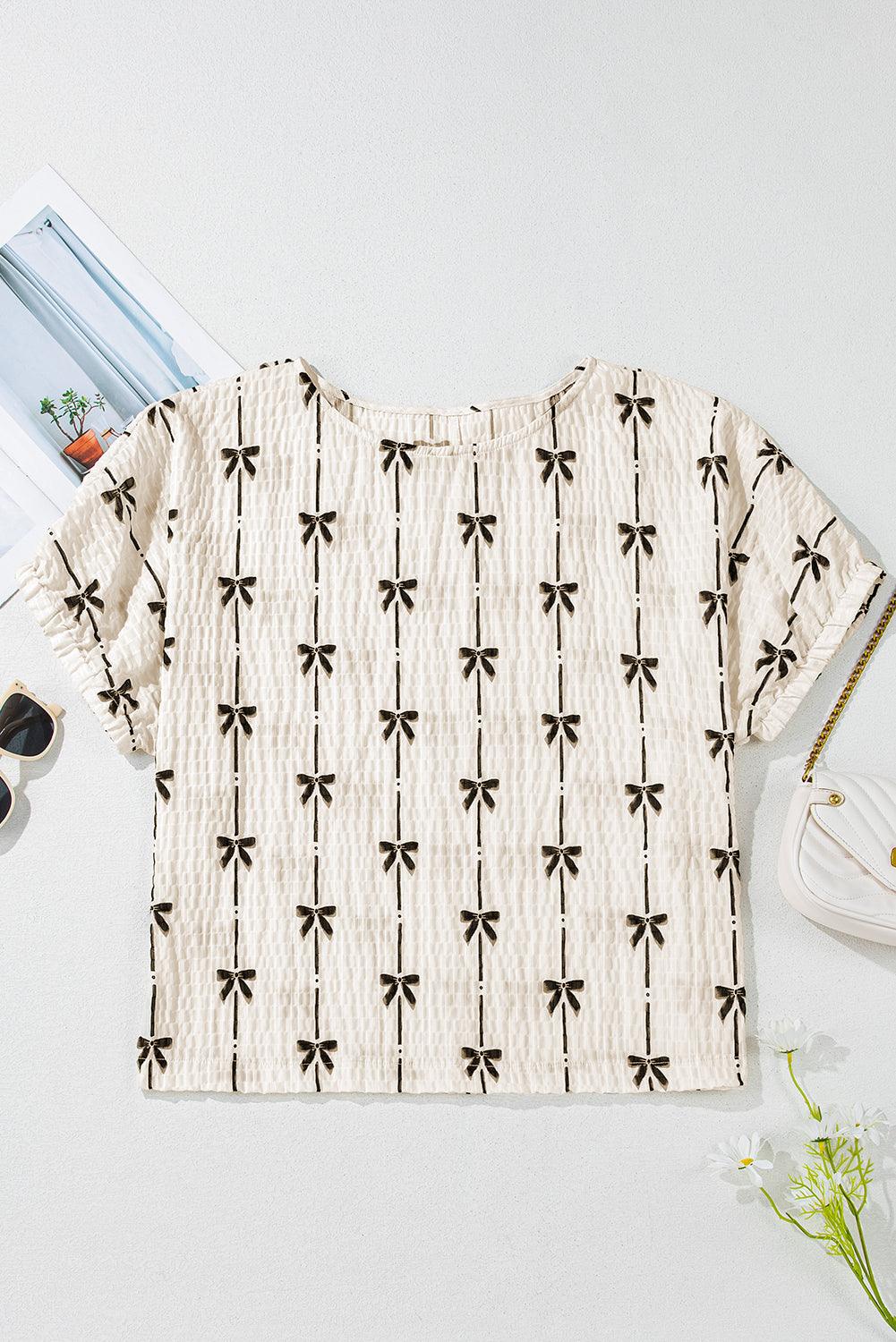 Beige Bow Print Striped Puff Short Sleeve Blouse - Leo’s Look Your Best 