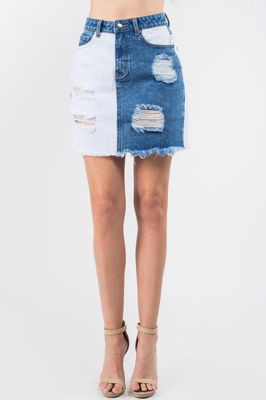 American Bazi Contrast Patched Frayed Denim Distressed Skirts - Leo’s Look Your Best