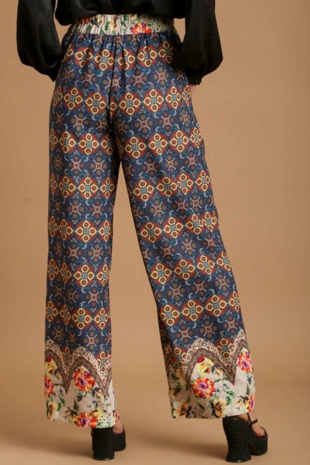 Umgee Full Size Mixed Print Elastic Waistband Pants Plus Size - Leo’s Look Your Best