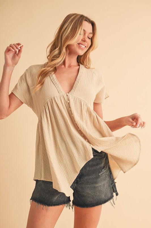 Aemi + Co Tuck Detail V-Neck Short Sleeve Blouse - Leo’s Look Your Best