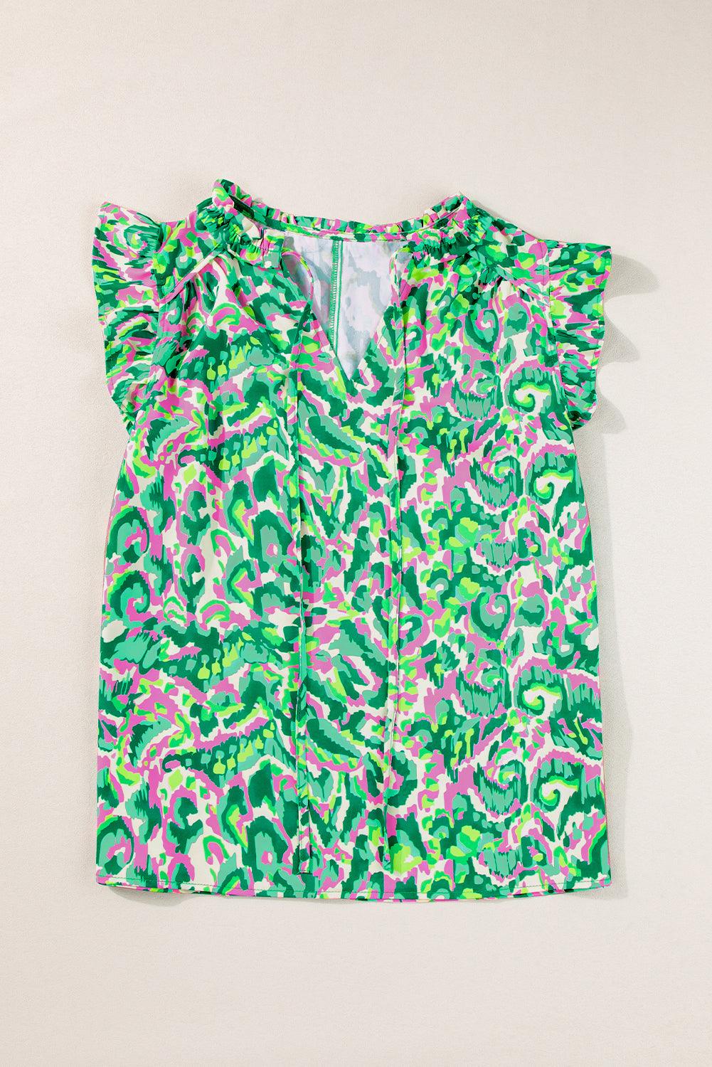 Green Abstract Print Frill Split Neck Ruffle Sleeveless Top - Leo’s Look Your Best 