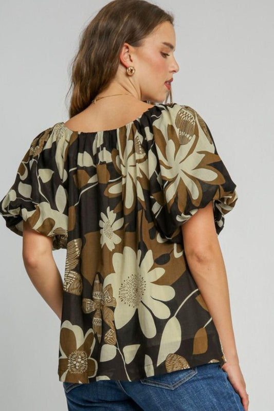 Umgee Full Size Print Round Neck Puff Sleeve Top Plus Size - Leo’s Look Your Best