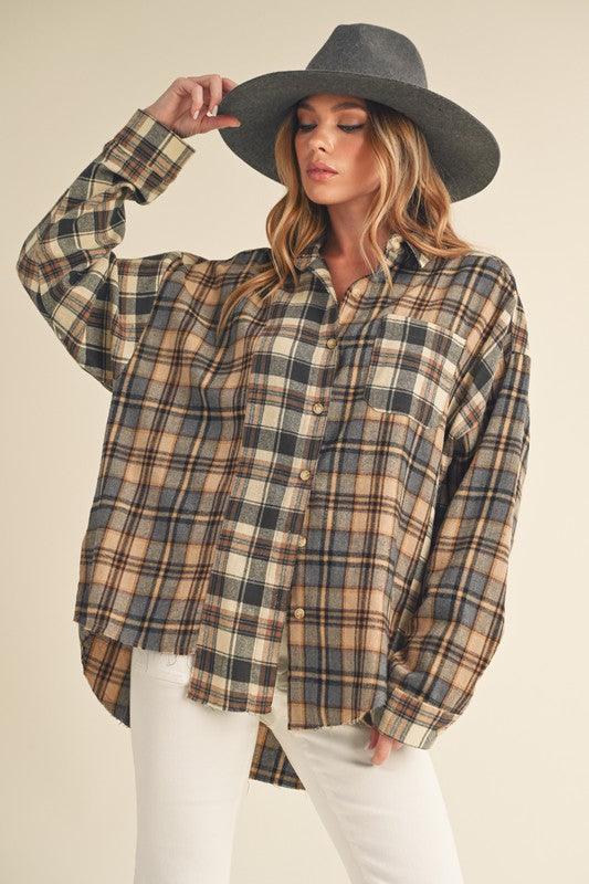 Aemi + Co Frayed Hem Plaid Button Up Flannel Shirt - Leo’s Look Your Best