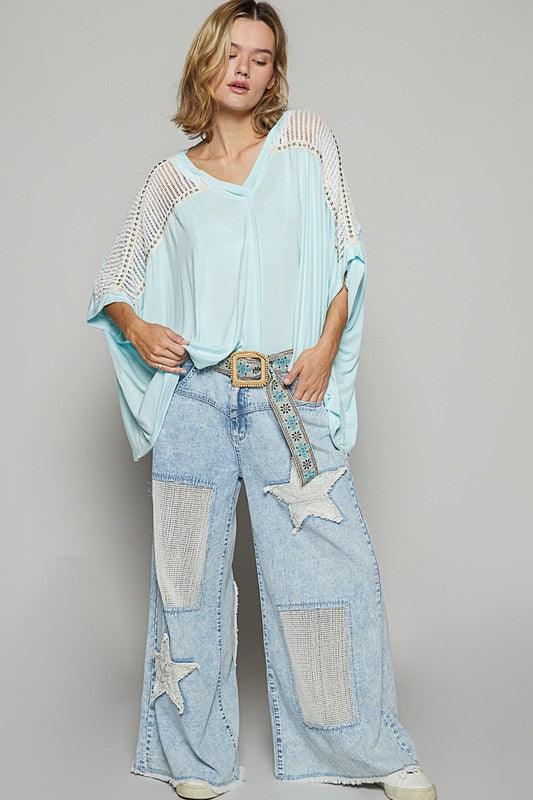POL Oversize V-Neck Crochet Lace Contrast Studded Top - Leo’s Look Your Best