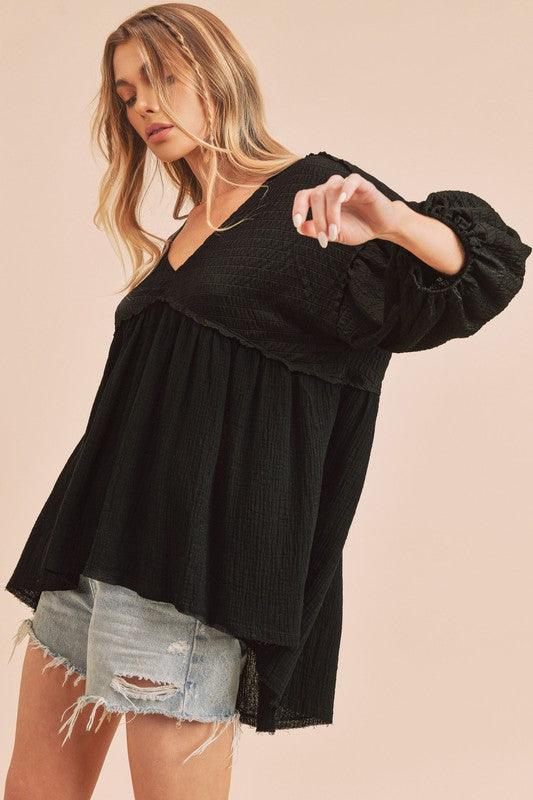 Aemi + Co High-Low Frayed Hem V-Neck Blouse - Leo’s Look Your Best