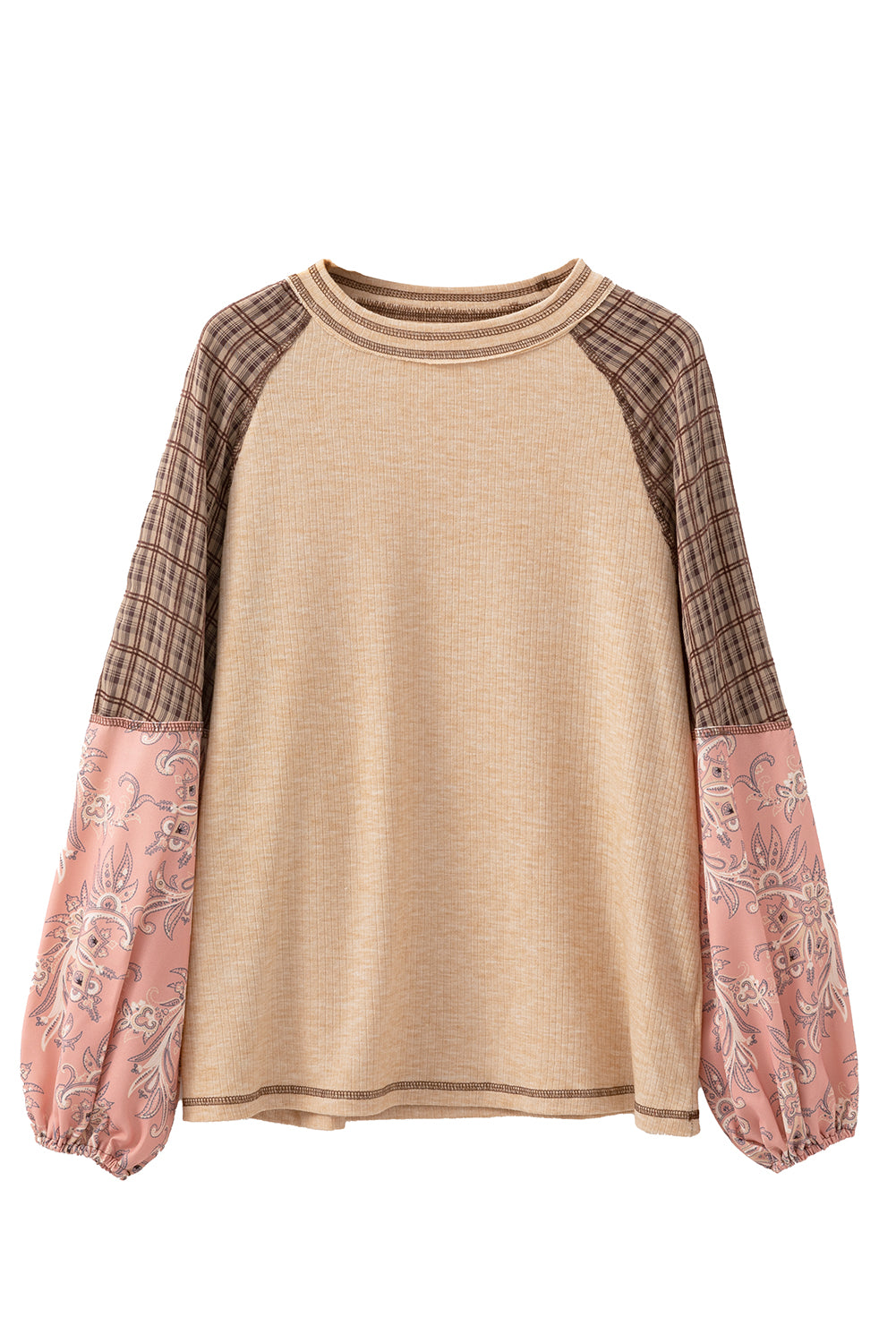 Beige sweater with plaid and floral sleeves on a white background