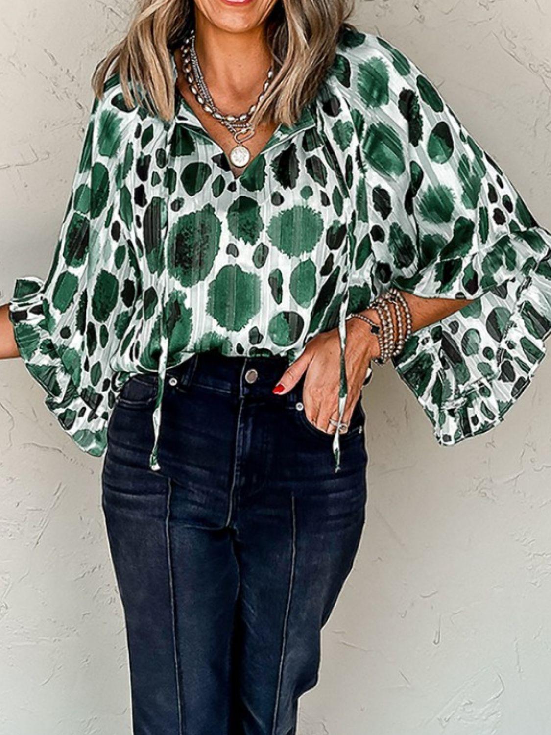 Printed Tie Neck Three-Quarter Sleeve Blouse - Leo’s Look Your Best